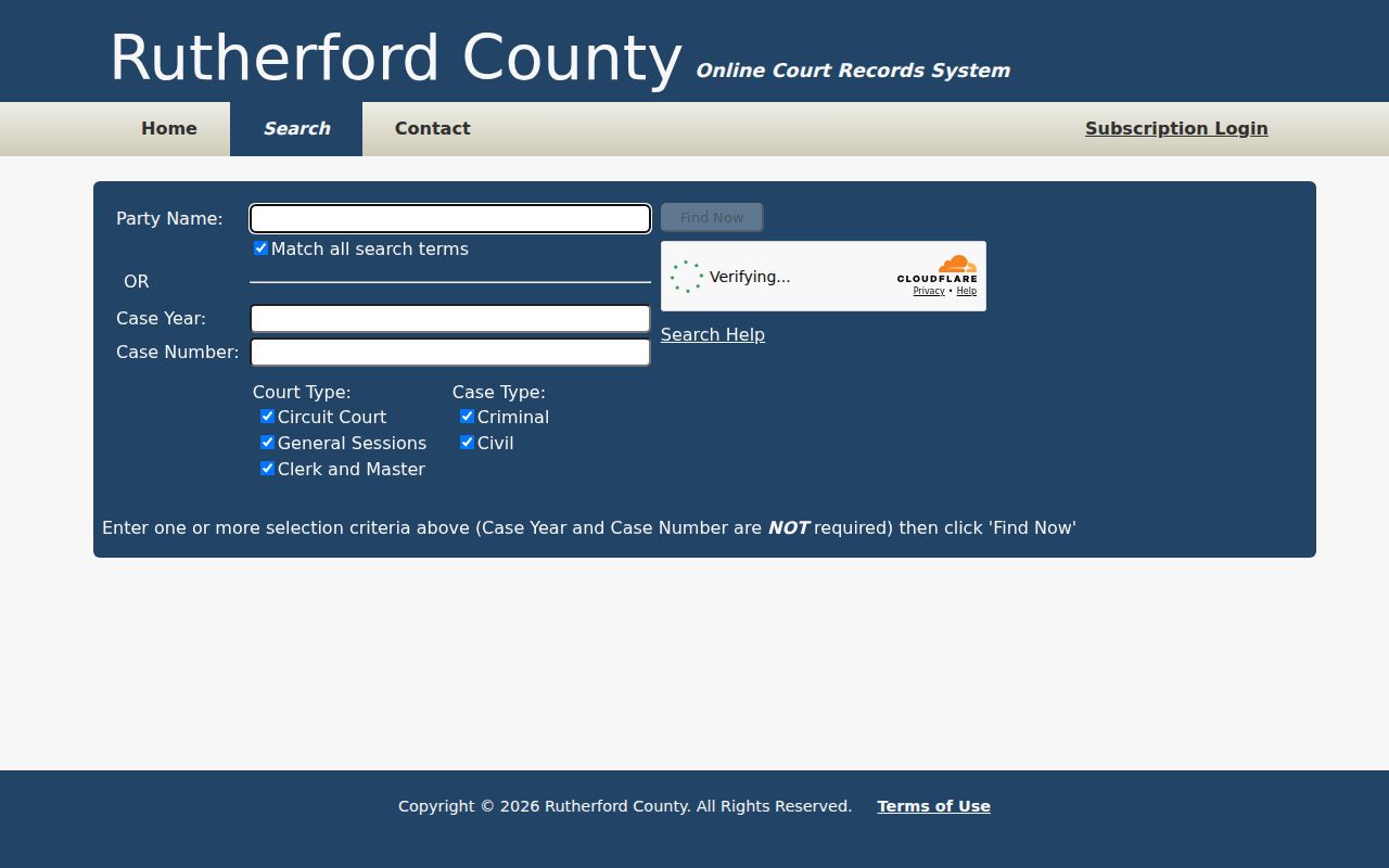 Rutherford County residents directory court case search fields