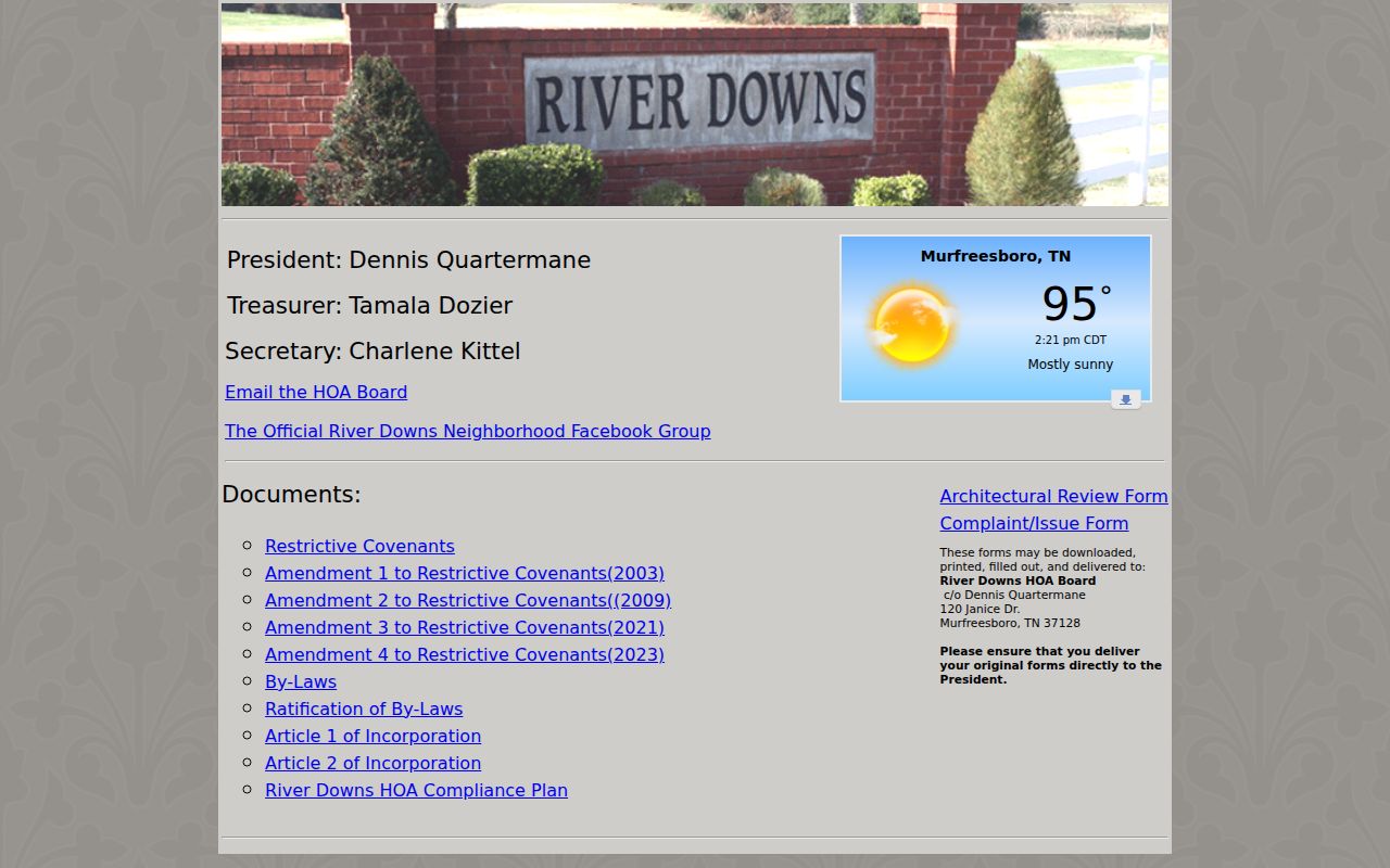 Rutherford County neighbors River Downs HOA public contact material