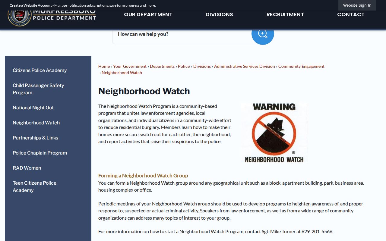Rutherford County neighbors Murfreesboro Neighborhood Watch public program